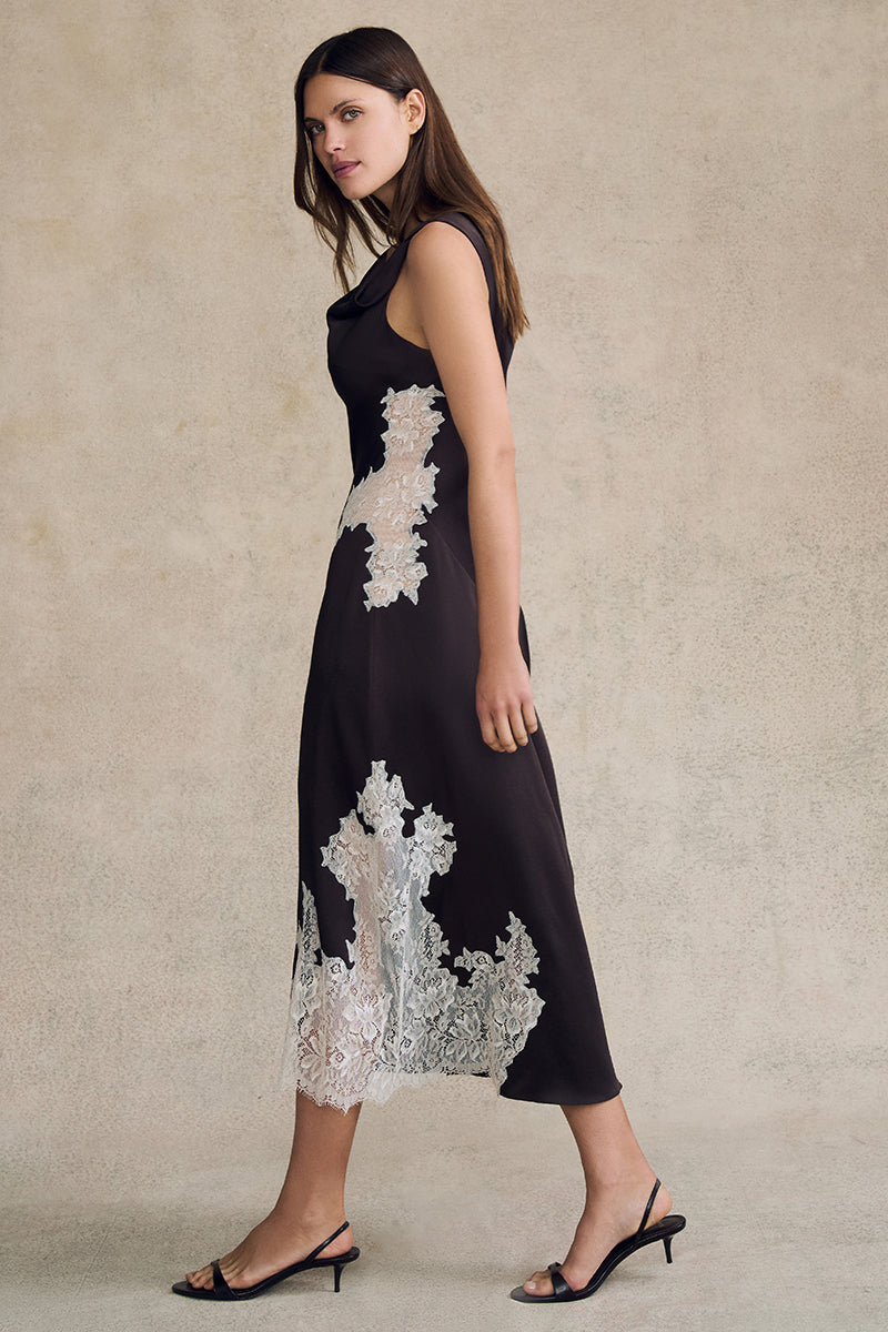 Asymmetrical Twist Dress in Crepe Backed Satin with Lace Insets - Image 4