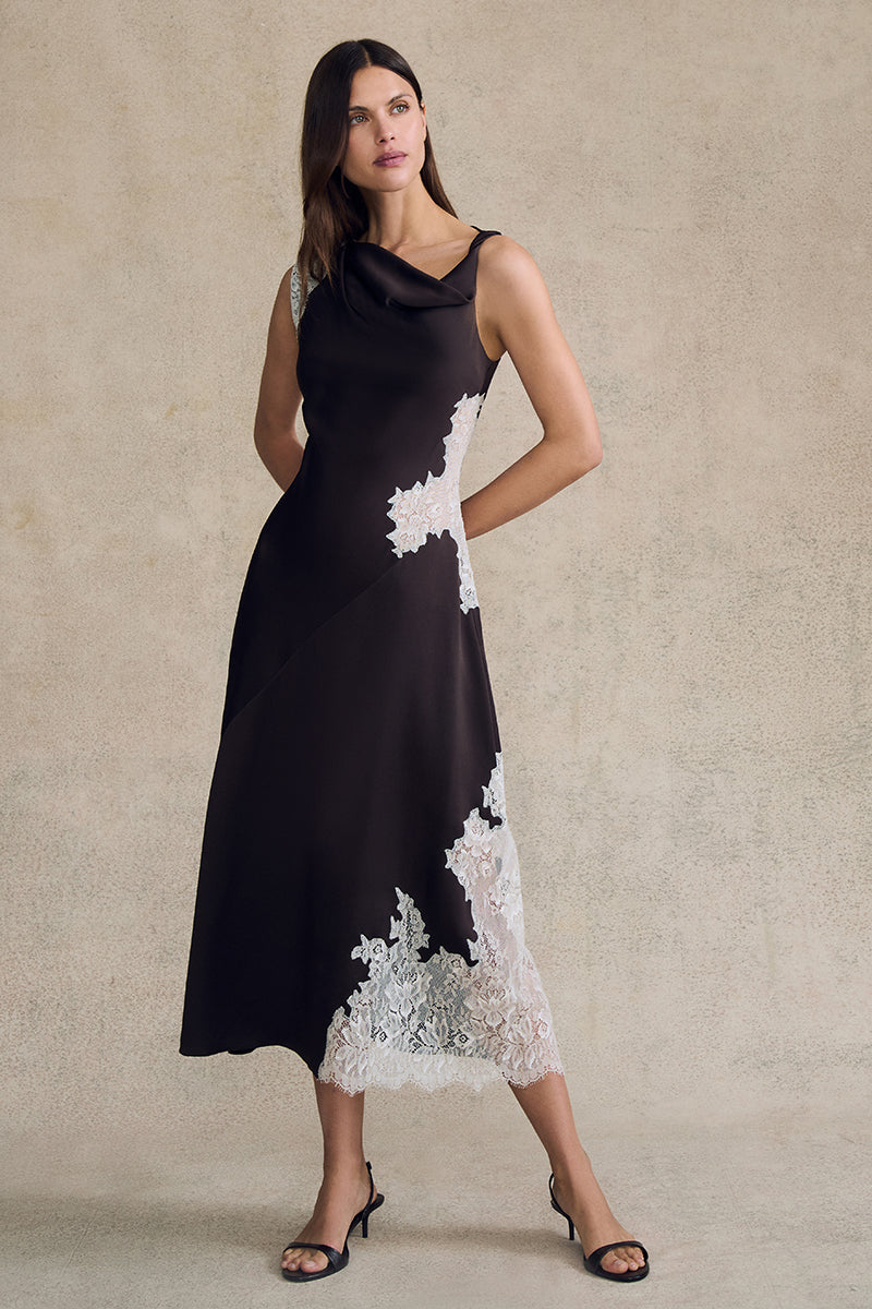 Asymmetrical Twist Dress in Crepe Backed Satin with Lace Insets - Image 2