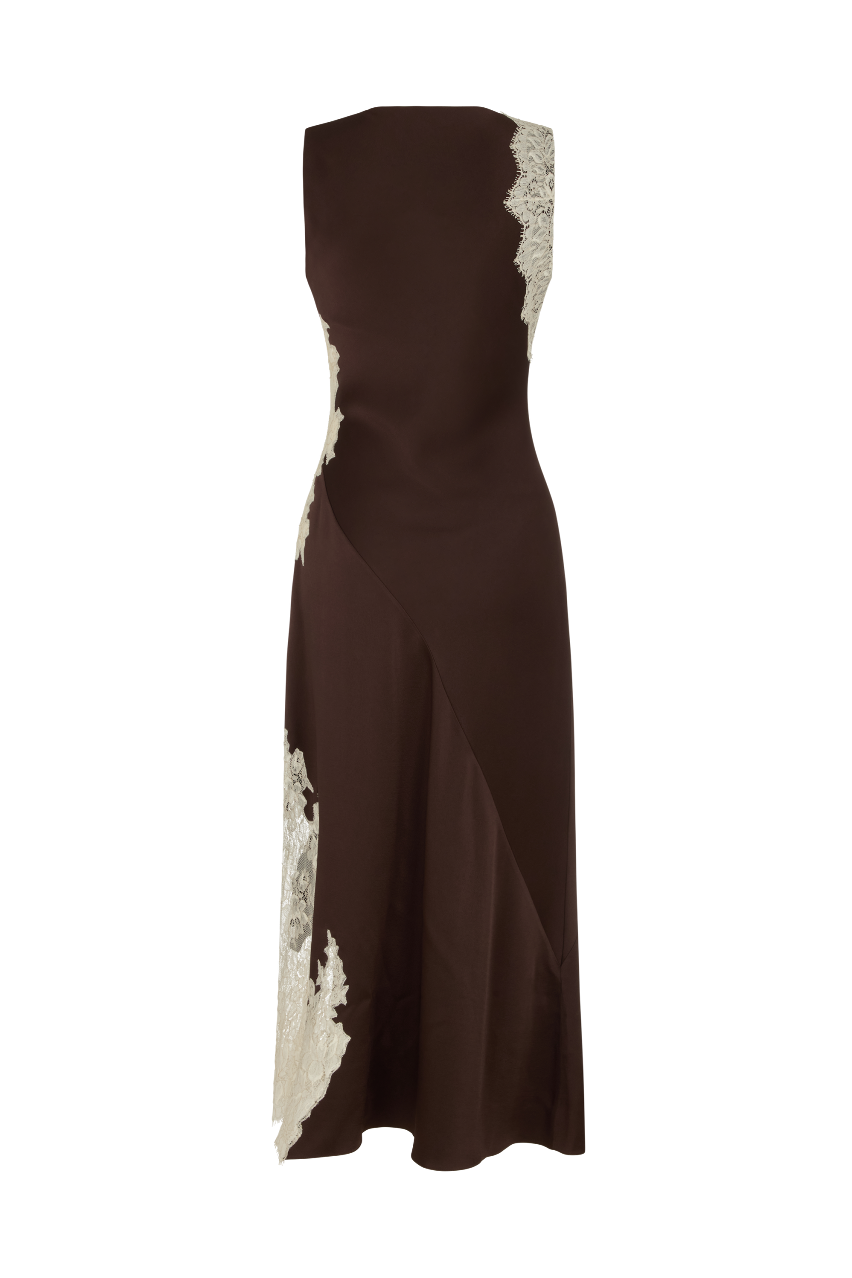 Asymmetrical Twist Dress in Crepe Backed Satin with Lace Insets - Image 7