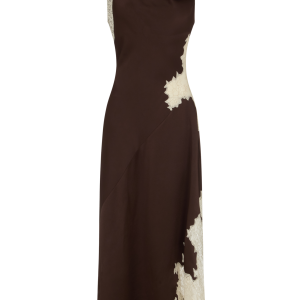 Asymmetrical Twist Dress in Crepe Backed Satin with Lace Insets