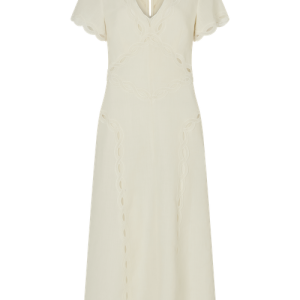 Flutter Sleeve Dress with Scallop Trim in Linen Blend