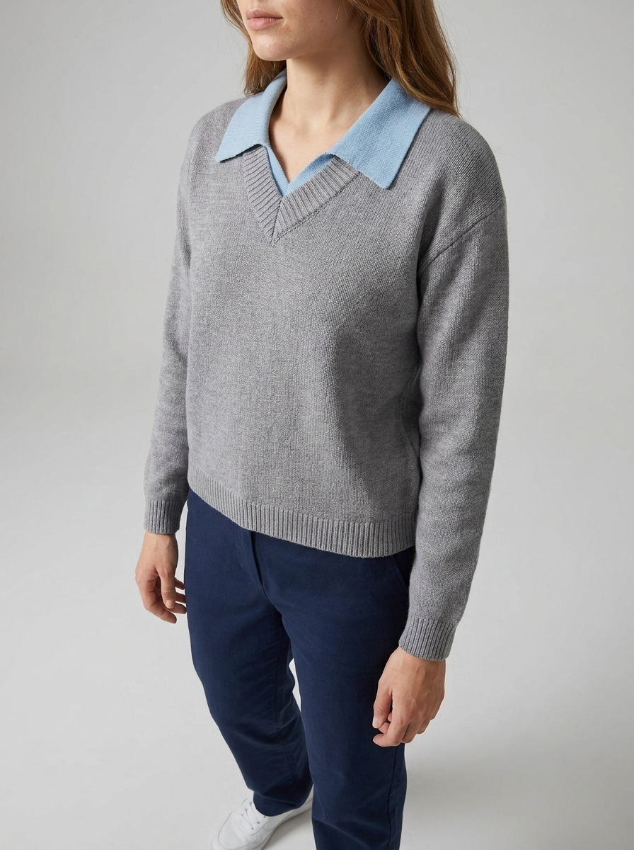 Oversized Contrast Collar Sweater Women Dropped Shoulder Ribbed Knit ?? Kharites Shop - Image 2