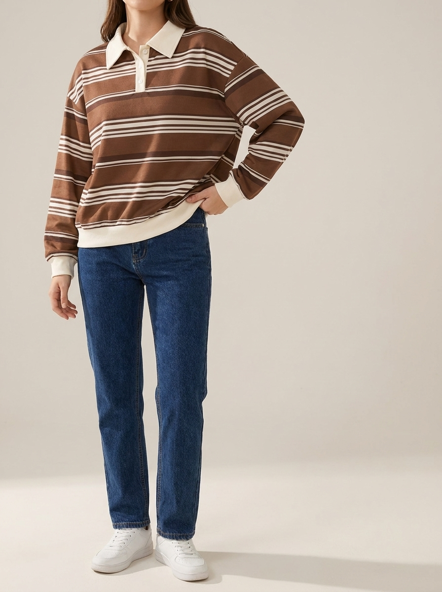 Oversized Striped Dropped Shoulder Sweatshirt Women Button Detail Top ?? Kharites Shop - Image 6