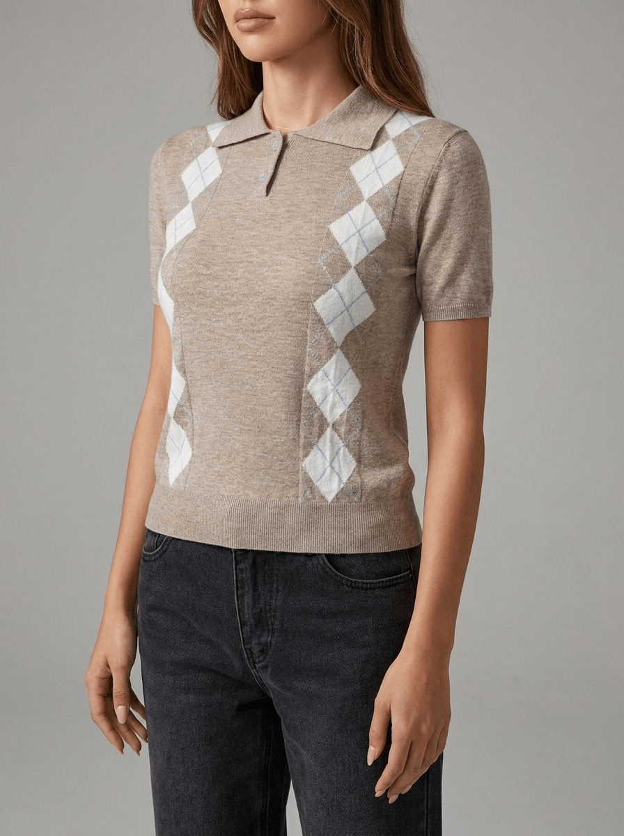 Argyle Sweater Women Short Sleeve Knit Button Detail Preppy Top Kharites Shop - Image 5