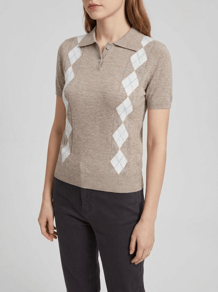 Argyle Sweater Women Short Sleeve Knit Button Detail Preppy Top Kharites Shop - Image 2