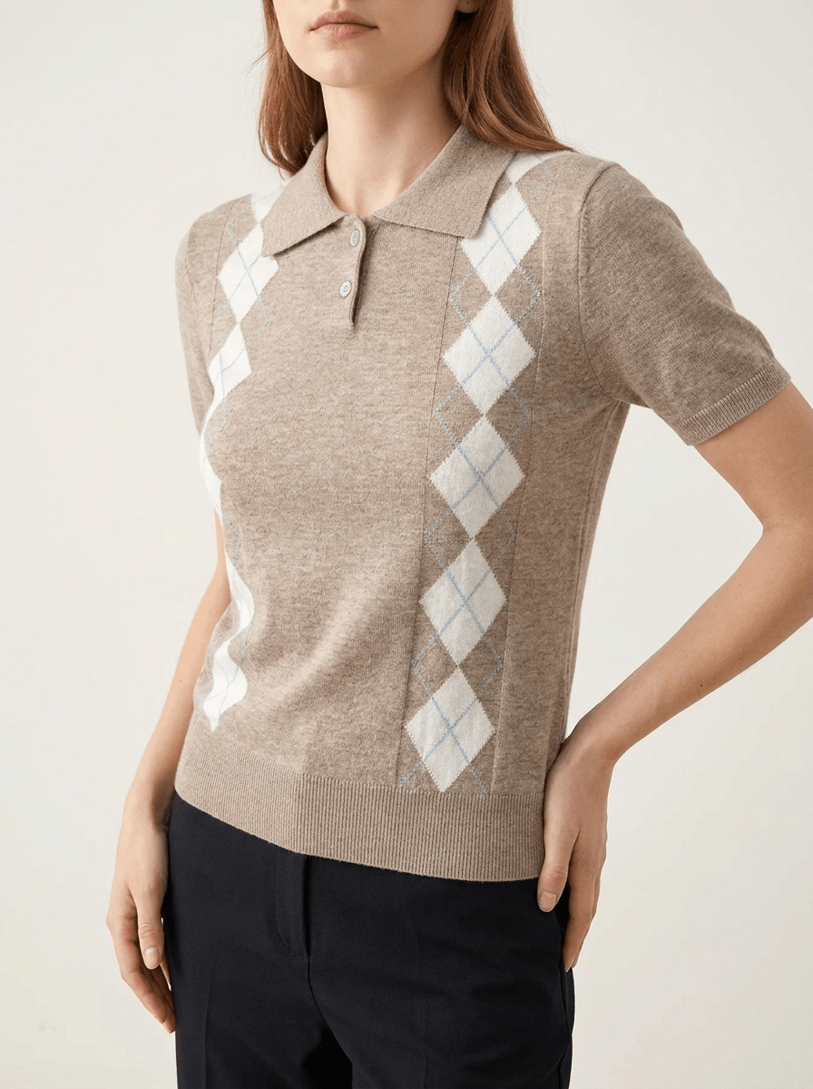 Argyle Sweater Women Short Sleeve Knit Button Detail Preppy Top Kharites Shop