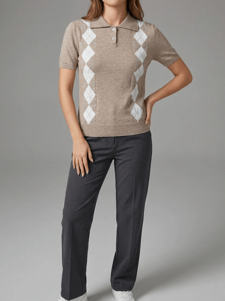 Argyle Sweater Women Short Sleeve Knit Button Detail Preppy Top Kharites Shop - Image 4