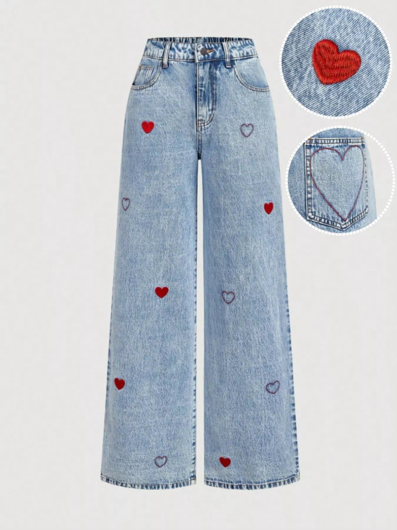 Wide Leg Jeans Women Embroidered Heart High Waisted Denim With Pockets ?? Kharites Shop - Image 4