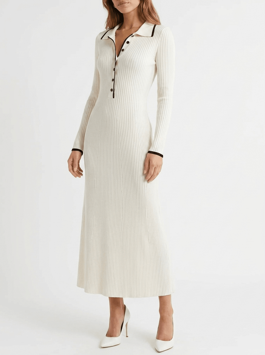Fall Ribbed Knit Sweater Dress Women Button Detail Long Sleeve Midi ?? Kharites Shop