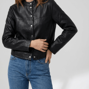 Faux Leather Jacket Women Boxy Studded Button Up Cropped Moto Jacket ?? Kharites Shop
