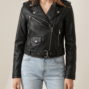 Faux Leather Moto Jacket Women Zip Up Belted Biker Jacket With Pockets ?? Kharites Shop