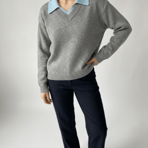 Oversized Contrast Collar Sweater Women Dropped Shoulder Ribbed Knit ?? Kharites Shop