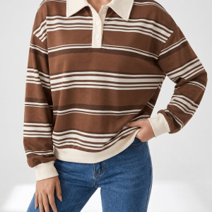 Oversized Striped Dropped Shoulder Sweatshirt Women Button Detail Top ?? Kharites Shop