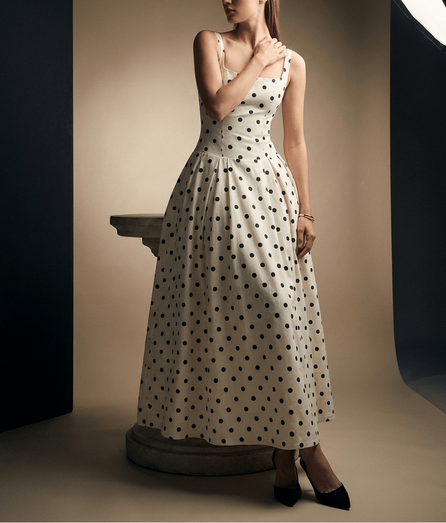 Polka Dot Square Neck Maxi Dress Women Side Slit Sleeveless ?? Kharites Shop