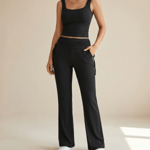 Ribbed Lounge Set Square Neck Tank Top & Drawstring Pants Two Piece ?? Kharites Shop