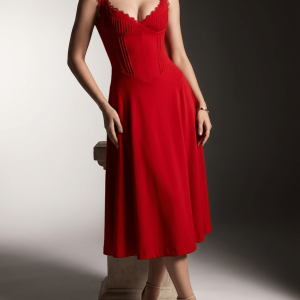 Scalloped V Neck Midi Dress Women Lace Up Back Cotton Sleeveless ?? Kharites Shop