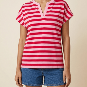 Striped Cotton T Shirt Women Split V Neck Short Sleeve Casual Top ?? Kharites Shop