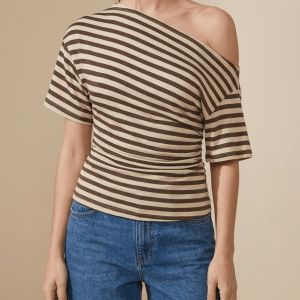 Striped One Shoulder Top Women Asymmetric Short Sleeve T Shirt ?? Kharites Shop