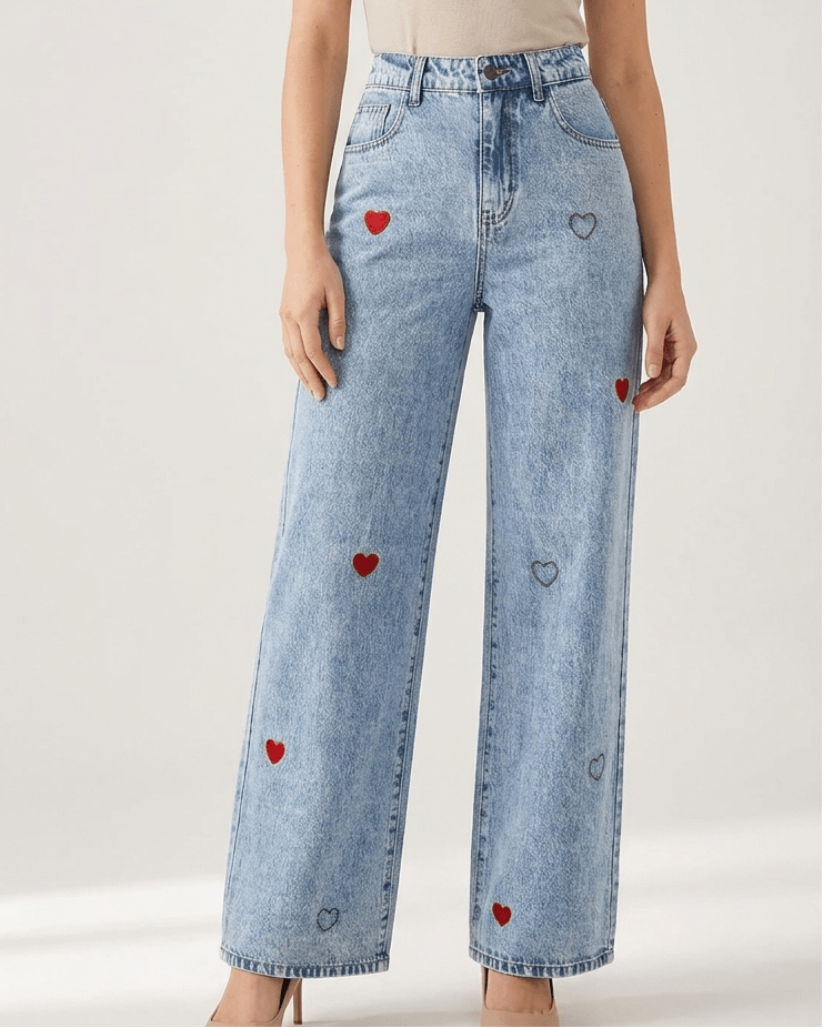Wide Leg Jeans Women Embroidered Heart High Waisted Denim With Pockets ?? Kharites Shop - Image 2