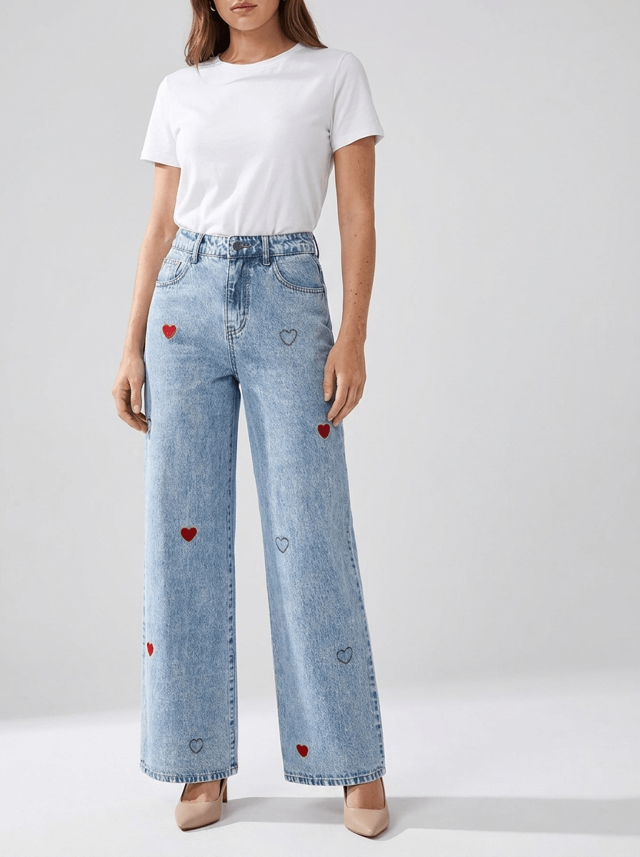 Wide Leg Jeans Women Embroidered Heart High Waisted Denim With Pockets ?? Kharites Shop
